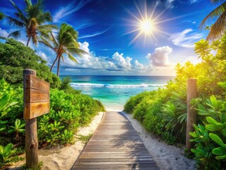 Obraz premium Tropical Beach Path Summer Vacation Wooden Sign - Hello Summer Photo