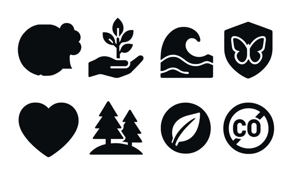 Eco and nature conservation solid icons set – filled style sustainability, ecology, and green living symbols for environmental awareness: tree, leaf, wave, butterfly, heart, hand, co2, shield. - Powered by Adobe