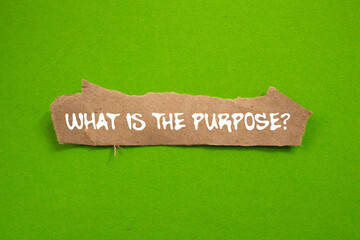 What is the purpose message written on ripped torn brown paper piece on green background....