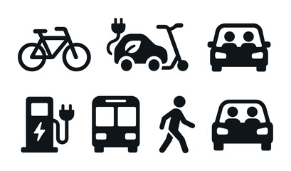 Eco-friendly transportation icons set – solid style urban mobility, green travel, and sustainable commuting symbols: bicycle, electric car, scooter, carpool, charging station, bus, pedestrian.