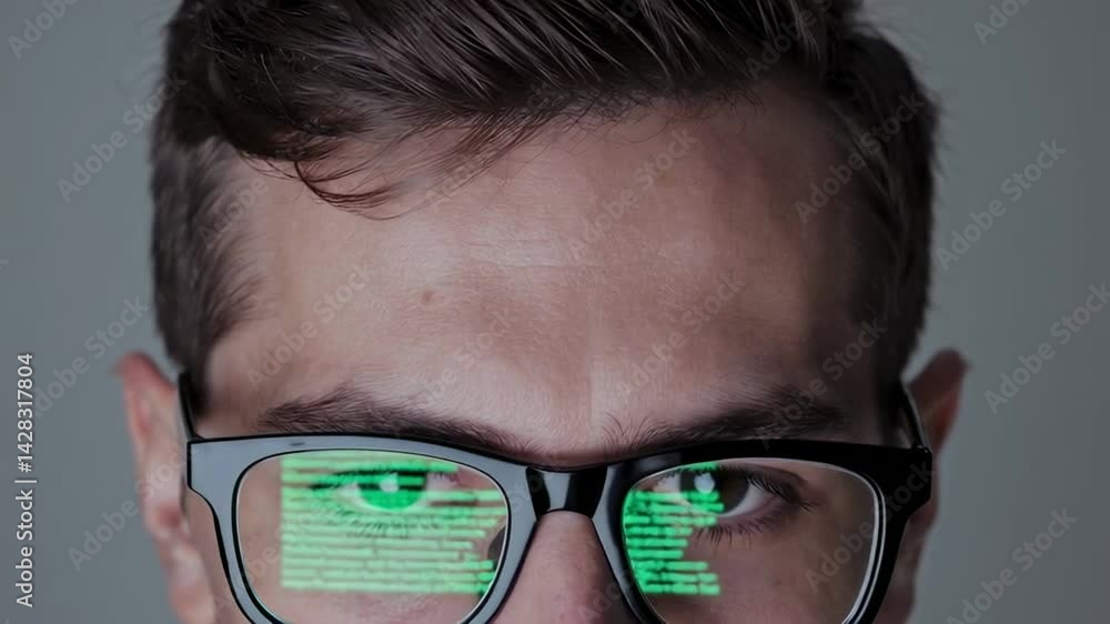 Aufkleber Green code lines reflecting in programmer's glasses, showcasing concentrated software development work with intense focus on complex technological project