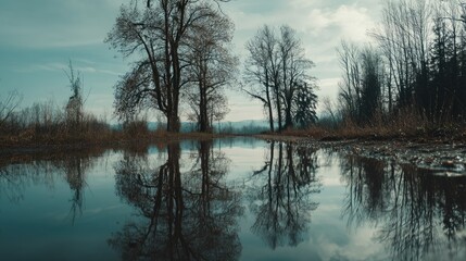 Serene Winter Trees Mirrored in Still Water: A Tranquil Landscape