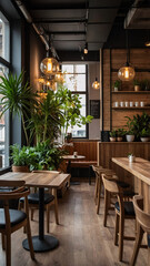 Obraz premium industrial cafe design with hanging pendant lights polished wooden tables and chairs surrounded by plants and brick wall decor premium cafe and kitchen interior design