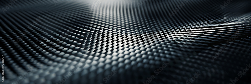Poster close-up perspective view of dark carbon fiber composite material, showing the characteristic woven 
