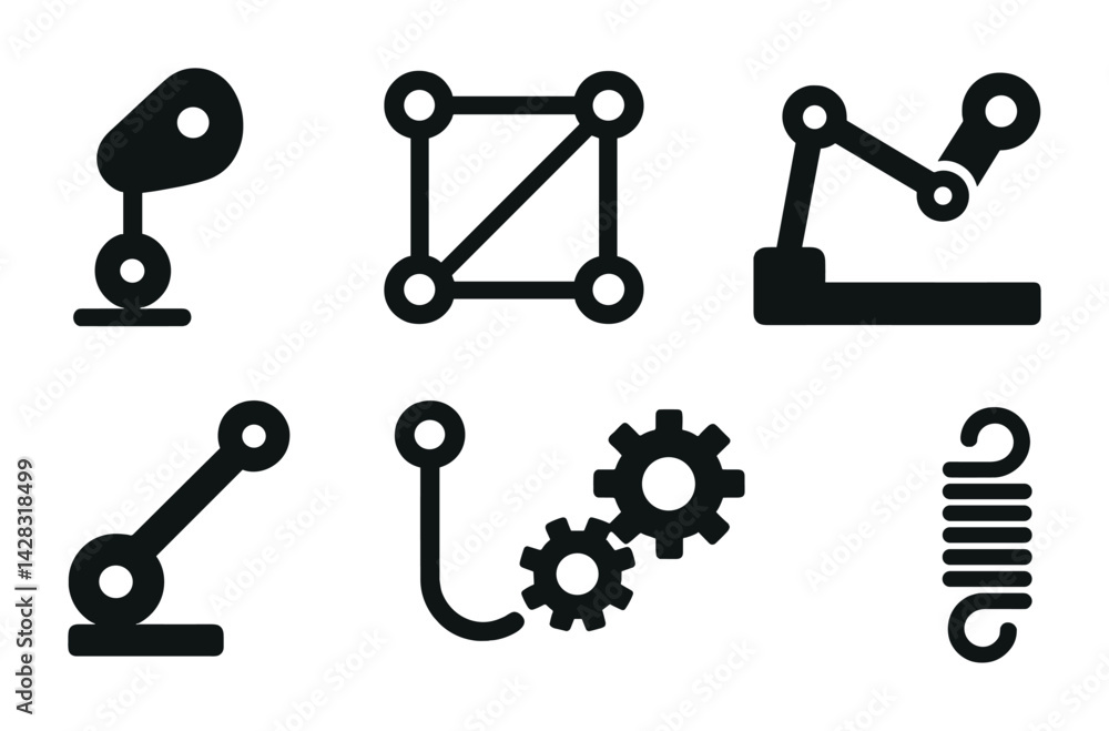 Poster industrial and manufacturing solid icons set – filled style for factory and automation design: robot