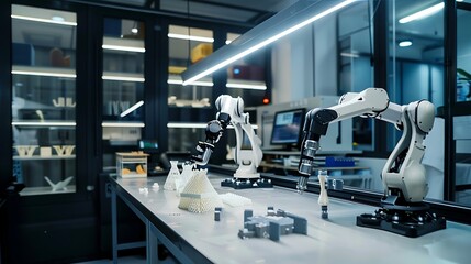 Modern high-tech laboratory or research facility interior featuring robotic arms working precisely on components arranged on a clean workbench under bright lighting.
