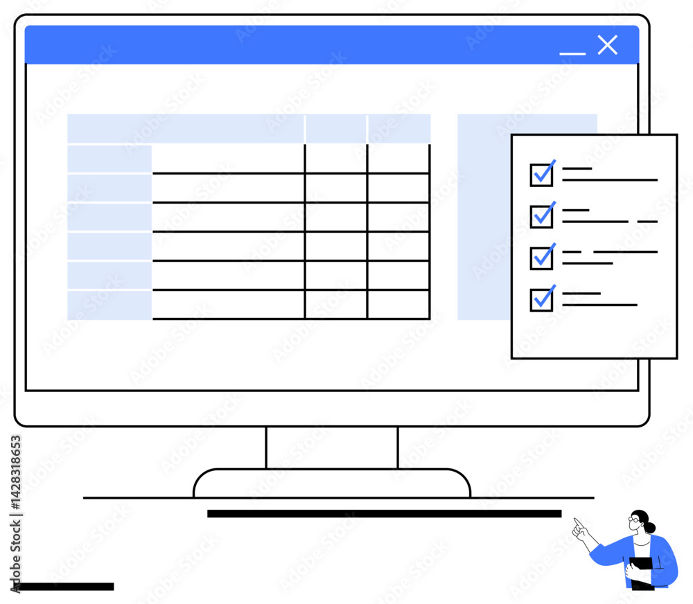 Aufkleber computer monitor displaying a table with rows and columns alongside a checklist. ideal for project t