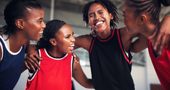Happy women, basketball and team with huddle for game plan, motivation or collaboration on court. Group, meeting or female people with hug in unity for sports competition, challenge or match together - Powered by Adobe