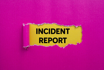 Incident report message written on ripped torn pink paper on yellow background. Conceptual incident report symbol. Copy space.