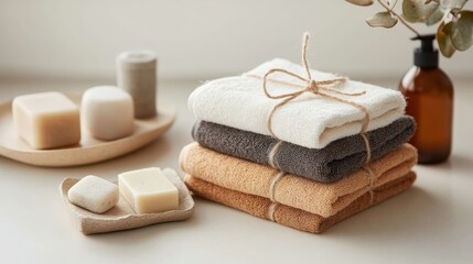 An aesthetically pleasing arrangement featuring soft towels paired with artisanal soaps, encapsulating a sense of relaxation and self-care perfect for wellness and spa environments.
