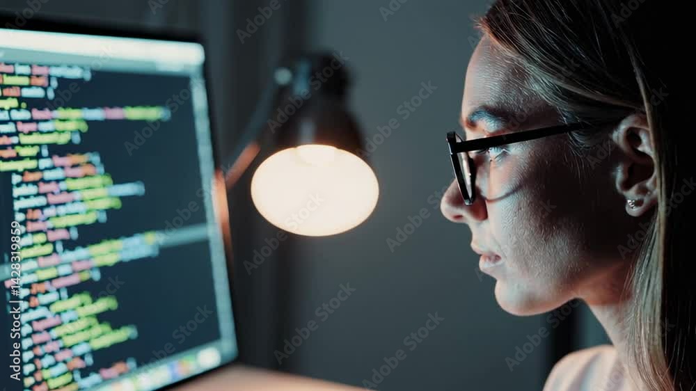 Poster Female programmer wearing glasses typing code intently at desk, illuminated by warm lamp glow while focusing on complex software development project in dimly lit home workspace