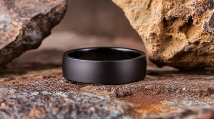 This image features a sleek black ring prominently displayed atop textured stones, highlighting its minimalist design and material elegance in a natural setting.