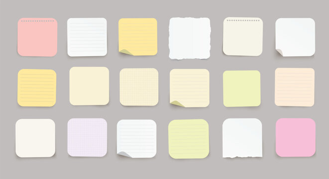 Set of vector realistic note papers with rounded corners and diffrent colors on transparent background.