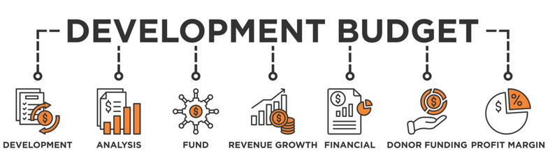 development budget life cycle banner web icon illustration concept of sdlc with icon of development, cost analysis, fund allocation, revenue growth, financial report, donor funding, profit margin