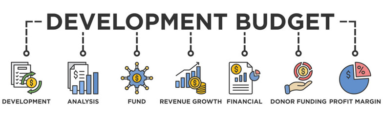 development budget life cycle banner web icon illustration concept of sdlc with icon of development, cost analysis, fund allocation, revenue growth, financial report, donor funding, profit margin