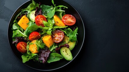 A colorful salad featuring fresh greens, tomatoes, and mango combines nutrition and flavor, showcasing a healthy lifestyle portrayed through vibrant, appetizing ingredients.