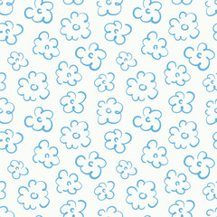Seamless pattern with abstract blue doodle flowers on light background. Hand-drawn cute floral repeat ornament. Springtime theme. Vector design for textile, wallpaper, wrapping paper