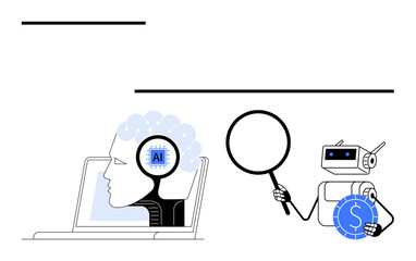 Robot holding magnifying glass and crypto coin, human brain connected to AI chip on laptop. Ideal for innovation, AI, cryptocurrency, technology, learning, analysis finance. Flat simple metaphor