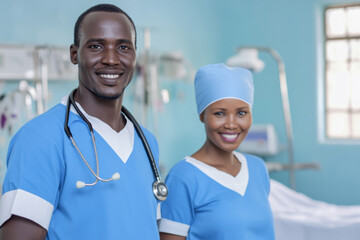 Healthcare professionals smiling in hospital setting, African American
