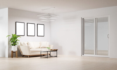 Bright lounge area with sliding doors and friendly decor, 3D render illustration