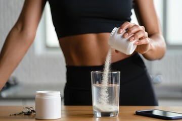 Beautiful sporty woman dissolving collagen powder in a glass of water. Dietary supplement, healthcare concept
