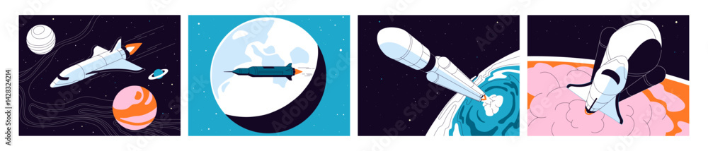 Poster set of rockets in universe travel. launch, flying and landing of spacecrafts. spaceships are in cosm