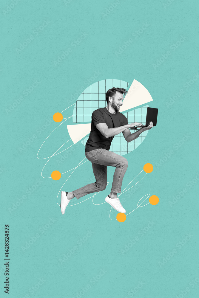 Poster banner trend collage of person use gadget with dots lines graphs economy chart on green color backgr