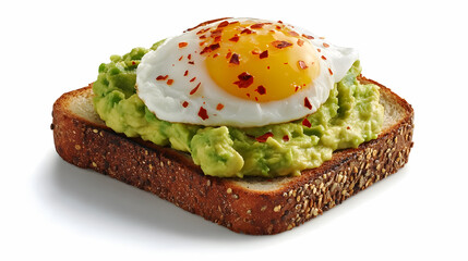 Avocado Toast with Sunny Side Up Egg on Dark Rye Bread &ndash; Healthy Rustic Breakfast with Red Pepper Flakes