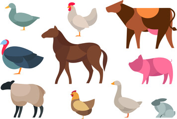 Farm birds and animals silhouette in cartoon simple style. Duck, rooster, cow, turkey, horse, pig, sheep, chicken, goose, rabbit. Colorful flat character design. Fashion child vector illustration.
