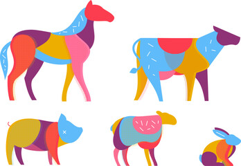 Cow, horse, sheep, rabbit, pig. Farm birds silhouette in modern fashion pop art style. Colorful creative character design. Vivid vector illustration.