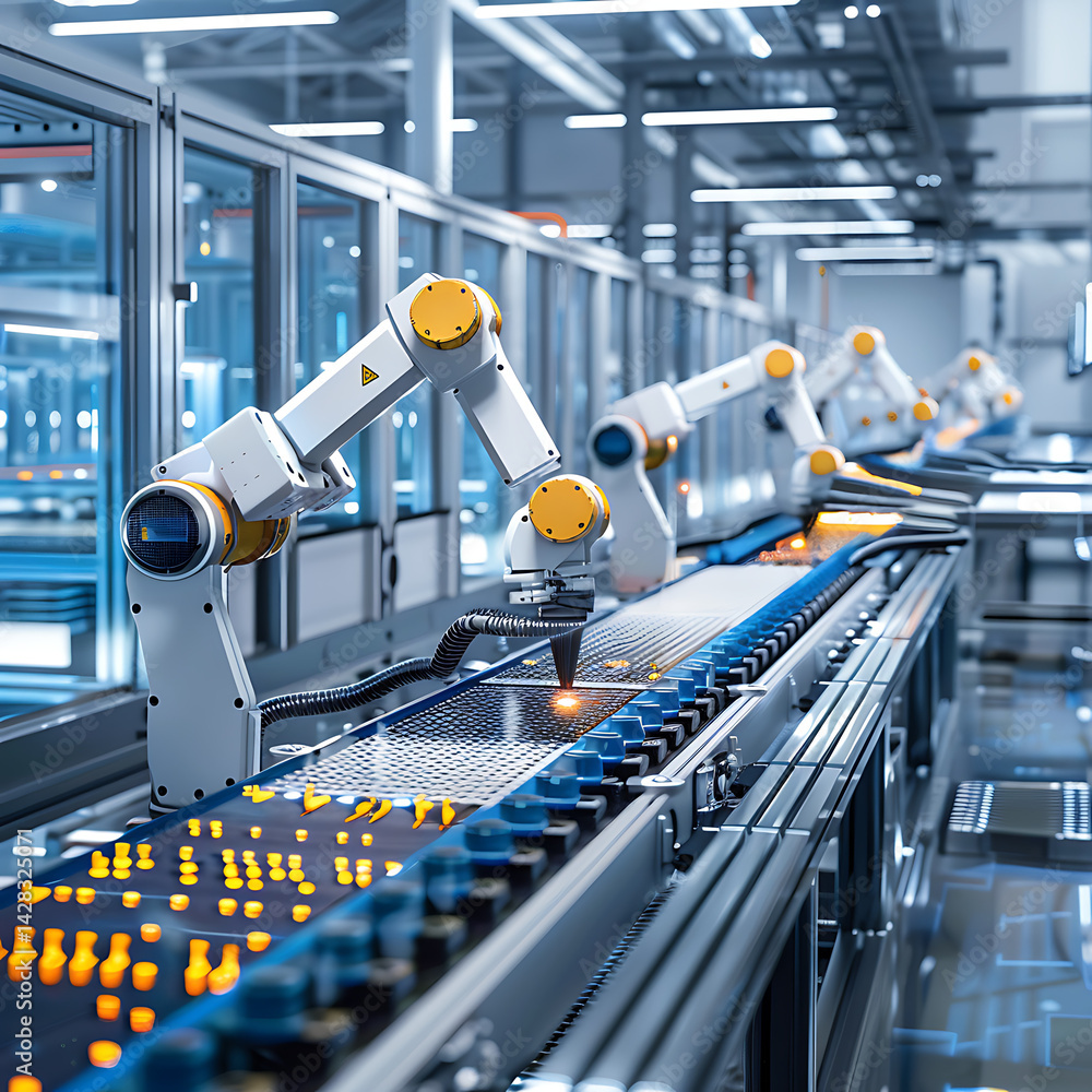 Poster automated factory assembly line with multiple robotic arms precisely working on products moving alon