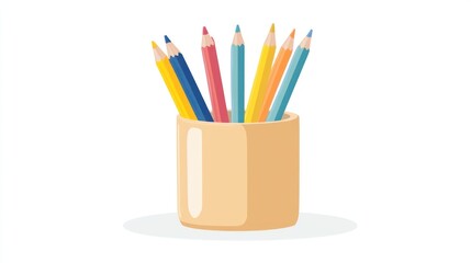 Colorful pencils in a light brown pencil holder
