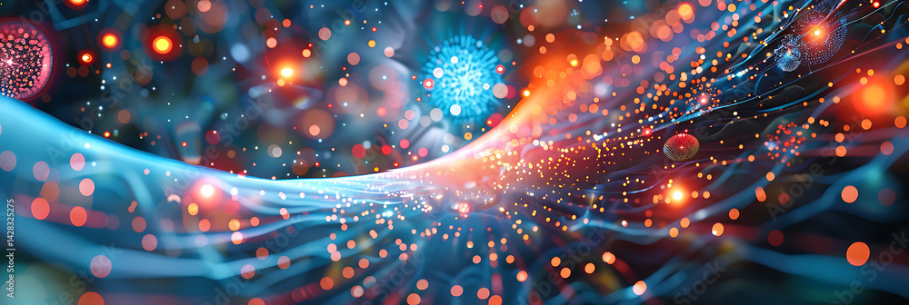 Poster panoramic abstract background showing a swirling vortex of blue and orange glowing particles, light 