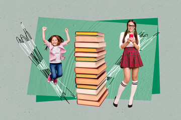 Creative pop poster sketch art collage of happy teacher woman small pupil schoolgirl do homework book stack education bookworm hobby