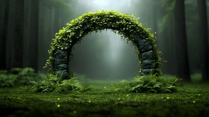 A tranquil forest sanctuary centered around a towering stone archway  long title A tranquil forest