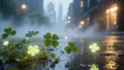 A lucky touch of nature in the heart of the city — glowing clovers blooming through concrete, blending charm and urban magic into a peaceful, surreal visual story