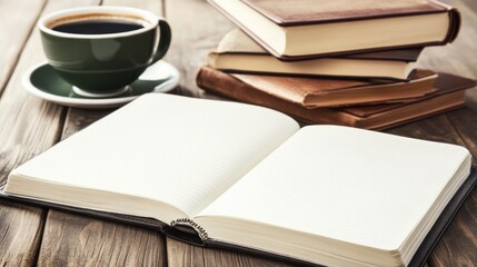 Fototapeta premium A cozy scene with an open notebook and a cup of coffee on a wooden table.
