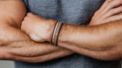 Fototapeta premium A muscular pair of arms crossed, adorned with stylish leather bracelets, emphasizing both strength and fashion in a modern context of everyday masculinity and personal style.