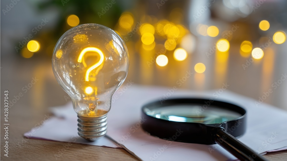 Poster bright question mark inside a light bulb next to a magnifying glass on a desk with soft glowing ligh
