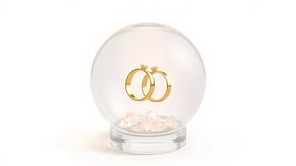 Two Golden Wedding Rings Inside a Glass Snow Globe with Pink Crystals A Symbol of Love and Marriage