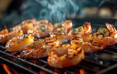 Grilled Shrimp on Barbecue Grill with Smoke and Charred Marks in Outdoor Cooking Setting for Summer Gatherings and Culinary Delights