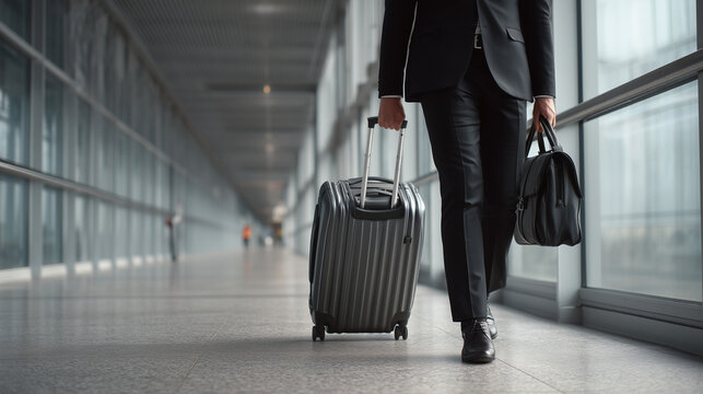 Businessman strides purposefully through airport terminal rolling suitcase and briefcase modern