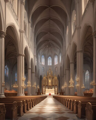 Fototapeta premium Wide-angle shot of a cathedral’s nave with rows of pews, chandeliers, and a majestic altar.
