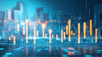 Fototapeta premium Financial data visualization overlaying a city skyline.