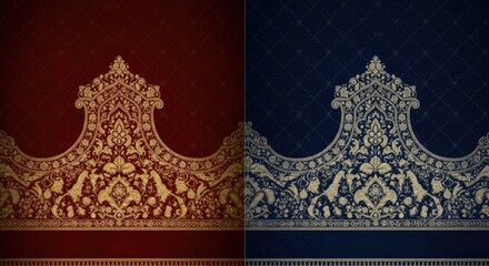 Ornate Mughal Brocade Background Pattern Golden Silver Deep Red Navy Blue Velvet Textile Design