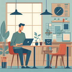Minimalist color vector of a man with a laptop in a cafe environment, sitting at a table in coffee shop