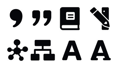 Professional writing tools solid icons set – silhouette style for content creation, editing, and publishing essentials: quotation marks, book, pencil, network, hierarchy, font.