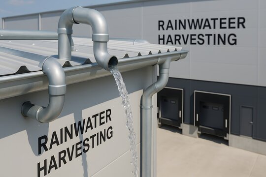 Rainwater harvesting system with pipes and signage on a building exterior.