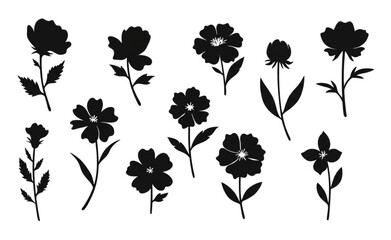 set of silhouettes of flowers with leaves
