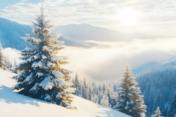 Fototapeta premium Serene Winter Mountain Landscape with Snow-Covered Trees